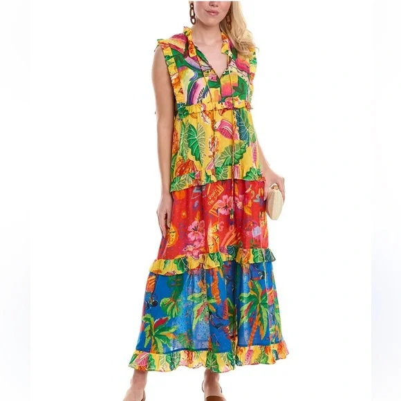🌴Farm Rio Mixed Prints Tiered Tropical Maxi Dress - Picture 2 of 9